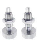 Front view: two stainless steel retractable spring plungers with knurled handles and M12x1.75 threads