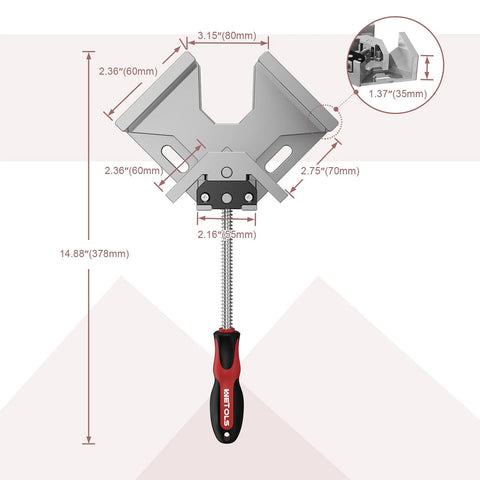 Two Pack 90 Degree Right Angle Corner Clamp For Woodworking With Adjustable Aluminum Alloy Swing Jaw, Durable Aluminum Die Cast Construction, includes 70mm clamping range and 95mm jaw width, WETOLS, dimensions shown.