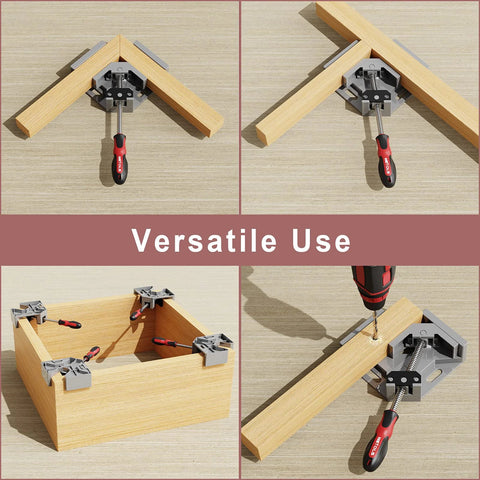 Two Pack 90 Degree Right Angle Corner Clamp For Woodworking with adjustable aluminum alloy swing jaw in use for framing and DIY projects.