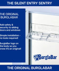 Close-up of clear BurglaBar hinge-style sliding glass door lock installed on window, enhancing home security and child-proofing.