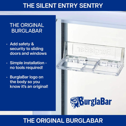 Close-up of clear BurglaBar hinge-style sliding glass door lock installed on window, enhancing home security and child-proofing.