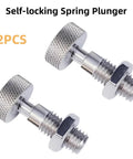 Two stainless steel retractable spring plungers with knurled handles, front view, M12x1.75 threaded
