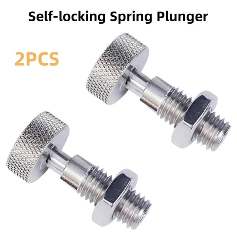 Two stainless steel retractable spring plungers with knurled handles, front view, M12x1.75 threaded