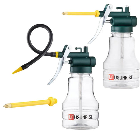 Two Pack Transparent High Pressure Oil Can Oiler With Rigid And Flexible Spouts And Thumb Pump Clear Plastic Bottle Kit With Three Spouts