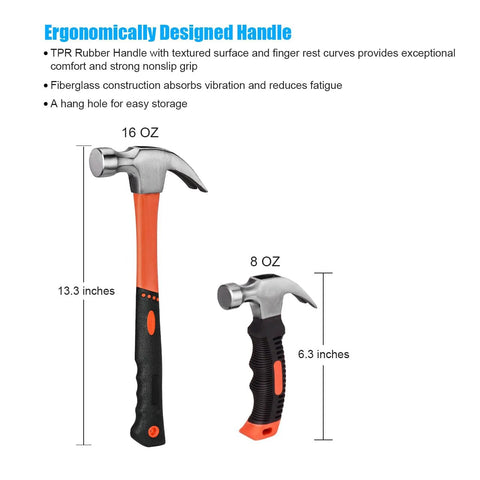 Two Piece Hammer Set With An 8 Oz Mini Stubby Claw Hammer And A 16 Oz Fiberglass General Purpose Claw Hammer Soft Non Slip Handle And Heat Treated Head For Tight Spaces And Demolition Tasks Ideal For Home Projects And Pros
