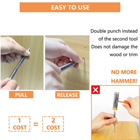 Using two-piece dual head nail setter with 3/32 and 1/8 inch heads for precise flush countersinking without a hammer