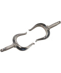 Close-up of two-piece stainless steel rowlock for side-mount rowboat; marine-grade 316 stainless.