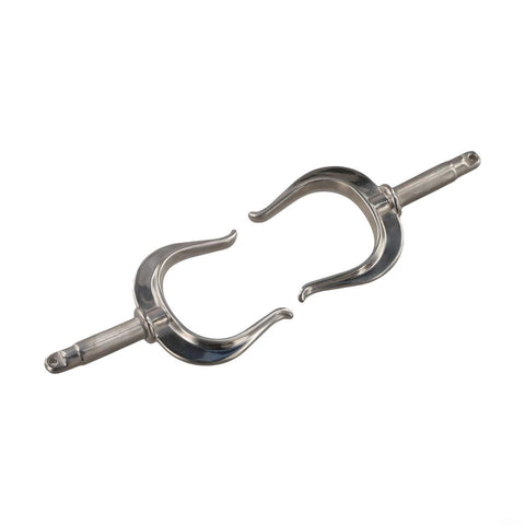 Close-up of two-piece stainless steel rowlock for side-mount rowboat; marine-grade 316 stainless.