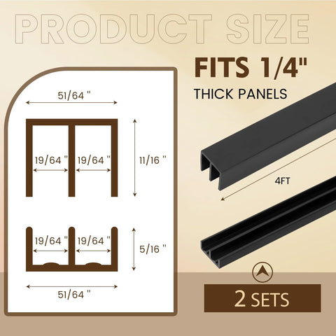 Two Sets Of Four Feet Plastic Sliding Door Track System For One Quarter Inch Glass Panels In Cabinets Matte Black Finish