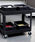 Heavy Duty 2 Shelf Utility Cart With Lipped Shelves And Ergonomic Handle, 500 Lb Capacity, Black Rolling Service Cart