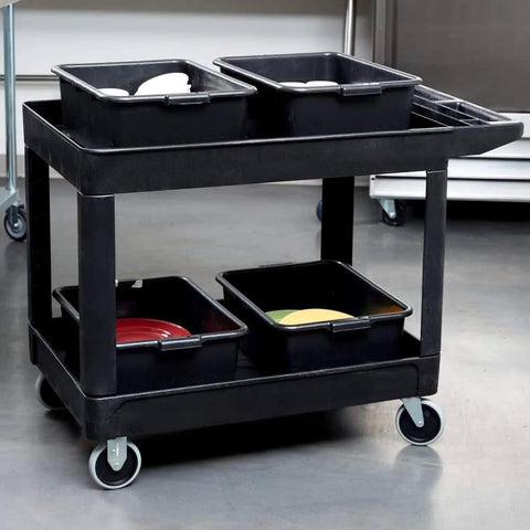 Heavy Duty 2 Shelf Utility Cart With Lipped Shelves And Ergonomic Handle, 500 Lb Capacity, Black Rolling Service Cart