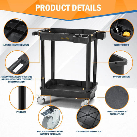 Heavy Duty 2 Shelf Utility Cart Built Tough With 28 By 19 Inches Industrial Plastic Build 330 Pounds Capacity Locking Swivel Wheels Multipurpose Service Rolling Cart For Home Office And Industrial Use showing design details and features