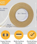 Two Sided Rug Tape Heavy Duty Grip That Keeps Rugs Put, 90 Feet Long, 1.88 Inches Wide, roll with dimensions and features