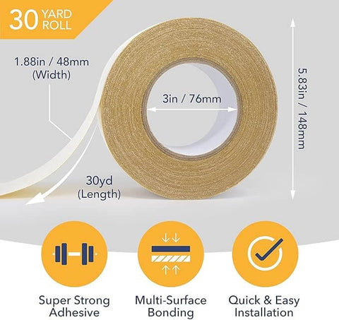 Two Sided Rug Tape Heavy Duty Grip That Keeps Rugs Put, 90 Feet Long, 1.88 Inches Wide, roll with dimensions and features