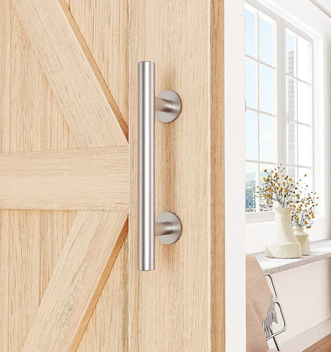 Two Sided Sliding Barn Door Handle Hardware In Brushed Stainless Steel 304 Twelve Inch Length Flush Pull Design Installed