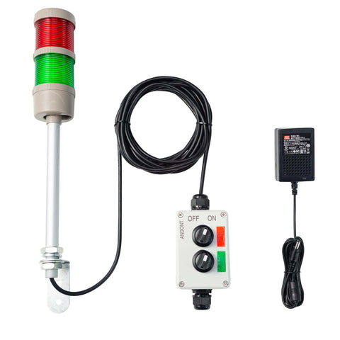 Two Stack LED Andon Tower Signal Light For Industrial Workstations With Red And Green Status Indicators ABB Selector Switch Mean Well Industrial Power Adapter 6 Foot And 16 Foot Extension Cords IP65 Rated Plug And Play By Andont.