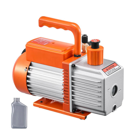 Two-stage 6 CFM vacuum pump with oil bottle for auto AC systems and resin degassing, professional-grade HVAC tool for DIY projects.