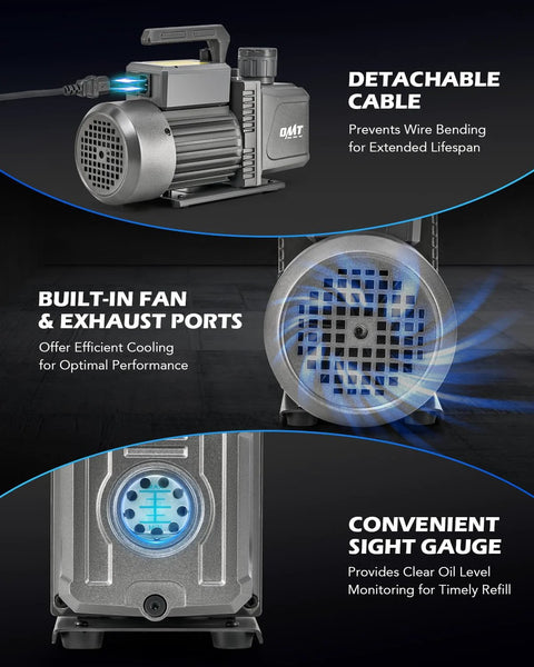 Pro Grade Two Stage Rotary Vane Vacuum Pump With 9 CFM And Three Quarter Horsepower For HVAC Pros Service Delivers Deep 1.5 Micron Ultimate Vacuum For Fast R22 R134a R410a System Servicing Orion Motor Tech showing detachable cable, built-in fan, and sight gauge.