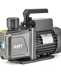 Pro Grade Two Stage Rotary Vane Vacuum Pump With 9 CFM And Three Quarter Horsepower For HVAC Pros Service Delivers Deep 1.5 Micron Ultimate Vacuum For Fast R22 R134a R410a System Servicing Orion Motor Tech, side view.