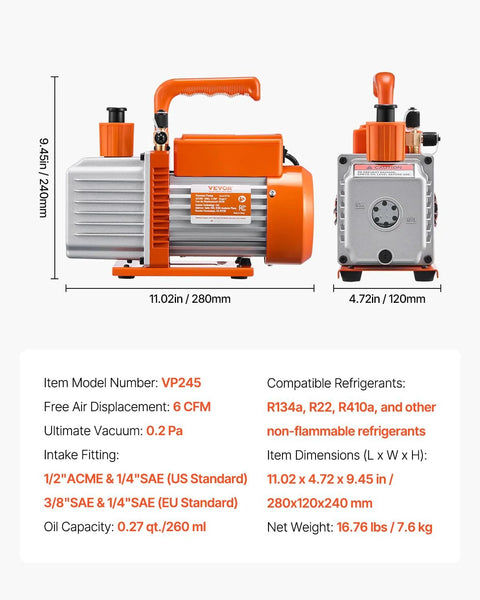 Two-stage 6 CFM vacuum pump for auto AC systems and HVAC, shown with oil bottle, compatible with R134a, R22, R410a refrigerants.