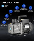 Pro Grade Two Stage Rotary Vane Vacuum Pump With 9 CFM And Three Quarter Horsepower For HVAC Pros Service Delivers Deep 1.5 Micron Ultimate Vacuum For Fast R22 R134a R410a System Servicing Orion Motor Tech displayed with specifications