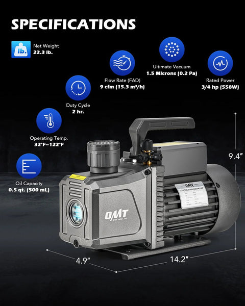 Pro Grade Two Stage Rotary Vane Vacuum Pump With 9 CFM And Three Quarter Horsepower For HVAC Pros Service Delivers Deep 1.5 Micron Ultimate Vacuum For Fast R22 R134a R410a System Servicing Orion Motor Tech displayed with specifications