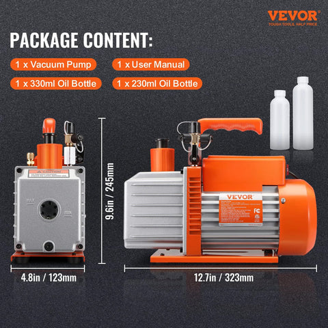 Powerful 5 CFM Two Stage Rotary Vane Vacuum Pump With Sparkless Motor For HVAC And Auto Repair Not Only For R22 R410a But Also R32 R1234yf Systems From VEVOR With Two Oil Bottles Resin Degassing And Quick Maintenance