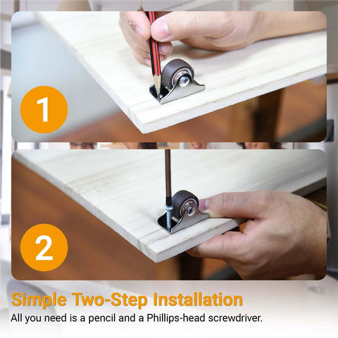 Installation of Mini Fixed Casters Set Of 4 With Rubber Wheels And Bearings 130 Lbs Capacity onto wooden furniture.