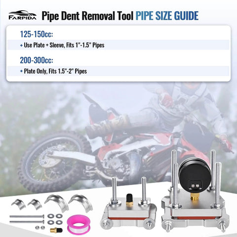 Two Stroke Exhaust Pipe Dent Repair Kit For 125cc To 300cc Two Stroke Motorcycles Mopeds Scooters ATVs And UTVs, gauge and sleeves