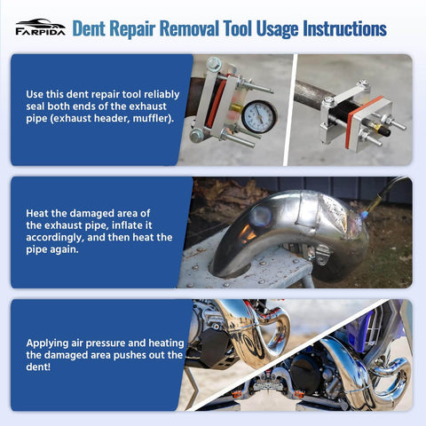 Two Stroke Exhaust Pipe Dent Repair Kit for 125cc to 300cc motorcycles showing repair process and tools with gauge and clamps.
