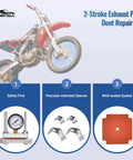 Two Stroke Exhaust Pipe Dent Repair Kit components with gauge, sleeves, gasket for 125cc to 300cc motorcycles and ATVs.