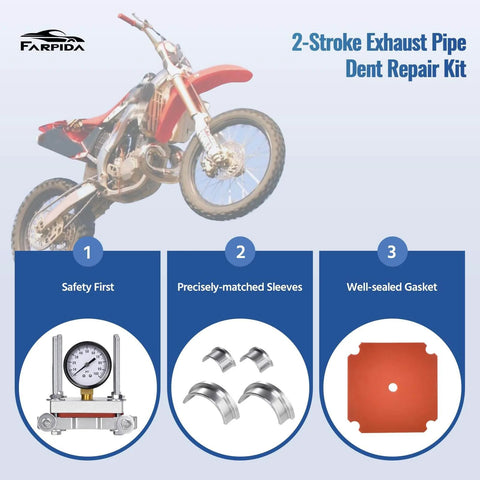 Two Stroke Exhaust Pipe Dent Repair Kit components with gauge, sleeves, gasket for 125cc to 300cc motorcycles and ATVs.
