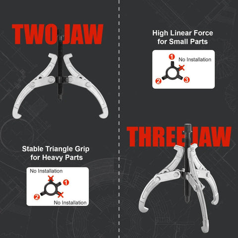 Heavy Duty Six Piece Bearing Puller Set For 1 To 8 Inch Gear And Pulley Pulling With Reversible Two Jaw And Three Jaw Heads