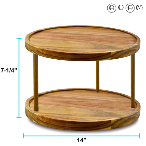 Two Tier Acacia Wood Lazy Susan Organizer For Kitchen Cabinet Or Pantry Turntable Keeps Spices Condiments Within Reach On Countertop