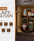 Two Tier Bamboo Lazy Susan Organizer With 12 Inch Turntable holding spices in cabinet, adjustable height, removable dividers visible