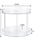 Two Tier Clear Lazy Susan Turntable Organizer With 360 Degree Rotation, 10.6 in square, clear acrylic, side view, with dimensions.