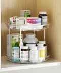 Two Tier Lazy Susan Organizer for narrow cabinets and countertops, space-saving vertical dual layer rotating turntable in clear plastic.