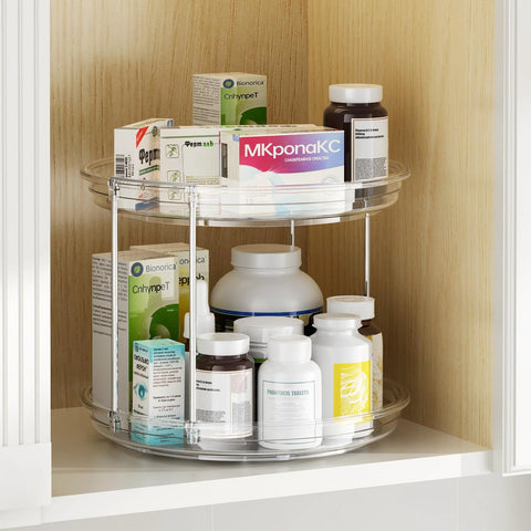Two Tier Lazy Susan Organizer for narrow cabinets and countertops, space-saving vertical dual layer rotating turntable in clear plastic.