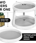 Two Tier Lazy Susan Spice Organizer 10 Inch Rotating Turntable shown with dimensions, suitable for cabinets and countertops.