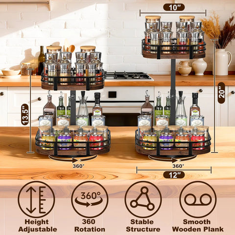 Two Tier Rotating Lazy Susan Turntable Organizer For Kitchen And Pantry, Adjustable Height From 13.5 To 20 Inches, holds jars and bottles.