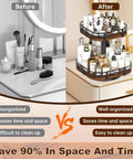 Before and after comparison showing a Two Tier Rotating Lazy Susan Turntable Organizer for kitchen and pantry, adjustable height from 13.5 to 20 inches, wood spice cabinet organizer for bottles jars snacks and bathroom vanity storage.