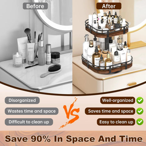 Before and after comparison showing a Two Tier Rotating Lazy Susan Turntable Organizer for kitchen and pantry, adjustable height from 13.5 to 20 inches, wood spice cabinet organizer for bottles jars snacks and bathroom vanity storage.