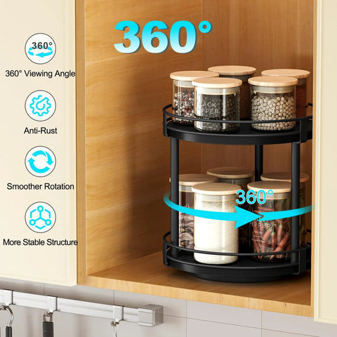 Two Tier Wooden Lazy Susan Spice Rack With 360 Degree Rotation For Cabinet Or Countertop, black finish, holding jars