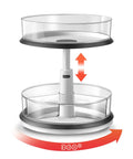Two Tier Lazy Susan Organizer Turntable Clear With 11 Inch Tray And Three Divided Bins For Large Spice Rack Adjustable Height 10.43 To 14.57 Inches 360 Degree Rotation Anti Slip Base Easy Assembly For Cabinet Countertop And Pantry White showing adjustable height arrows and rotation direction.