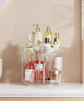 Two Tier Lazy Susan Organizer For Narrow Cabinets And Countertops with cosmetics, showcasing its space saving vertical dual layer rotating turntable.