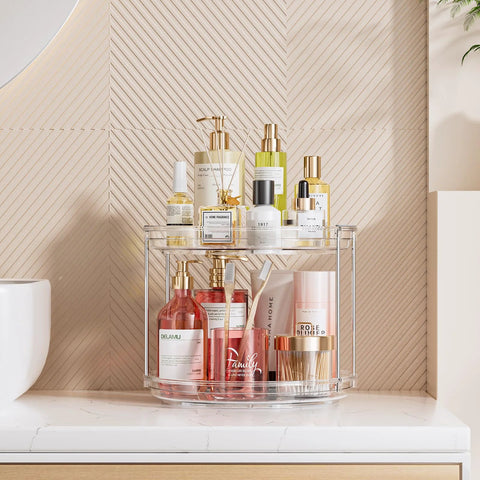 Two Tier Lazy Susan Organizer For Narrow Cabinets And Countertops with cosmetics, showcasing its space saving vertical dual layer rotating turntable.