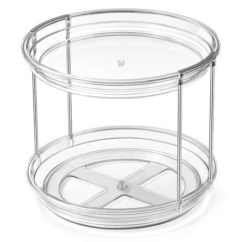Two Tier Lazy Susan Organizer For Narrow Cabinets And Countertops Space Saving Vertical Dual Layer Rotating Turntable Clear Plastic