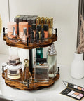 Two Tier Height Adjustable Lazy Susan Organizer For Cabinets And Countertops Rotating Spice Rack with cosmetics on countertop
