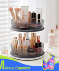 Two Tier Lazy Susan Turntable Organizer for medicine cabinet and pantry bottles, 11 inch grey, showing makeup organization