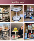Two Tier Lazy Susan Organizer with 11-inch tray and bins, adjustable height 10.43 to 14.57 inches, shown in various storage settings.